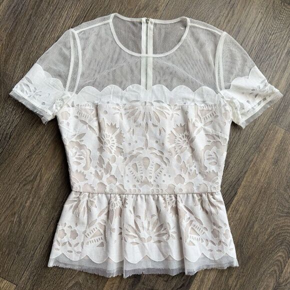 90s Y2k Floral Mesh Lace Peplum Top Size XXS Romantic Ethereal Coquette Fairy - Picture 1 of 12